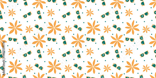 Seamless vector pattern with retro sunglasses and tropical flowers. Great for summer-themed stationery, swimwear prints, fabric, and digital backgrounds. Perfect for summer fashion, packaging. 