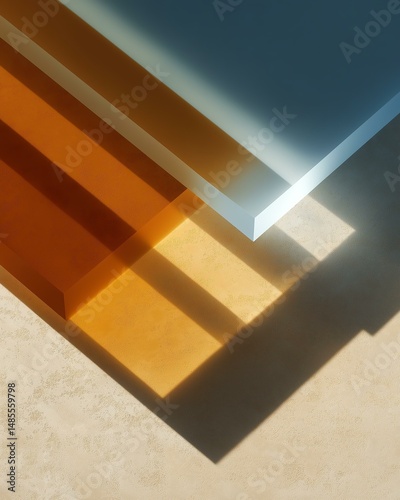 Orange & Blue Glass Slabs on Sand. Abstract Sunlight & Shadow