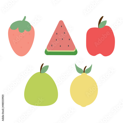 Cute fruits, apple watermelon strawberry lemon and pear illustration vector white background