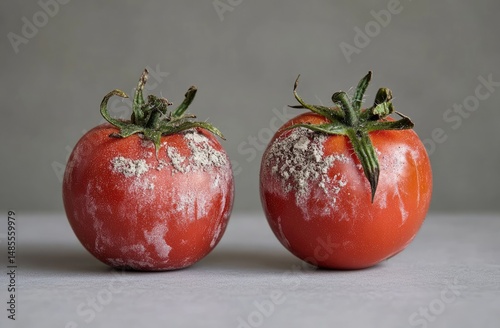 Two spoiled tomatoes with fungal growth