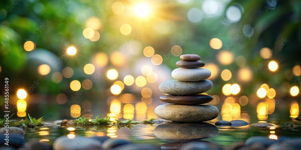 Obraz premium Serene landscape with stacked stones and softly blurred lights creating a peaceful atmosphere, peaceful, calming