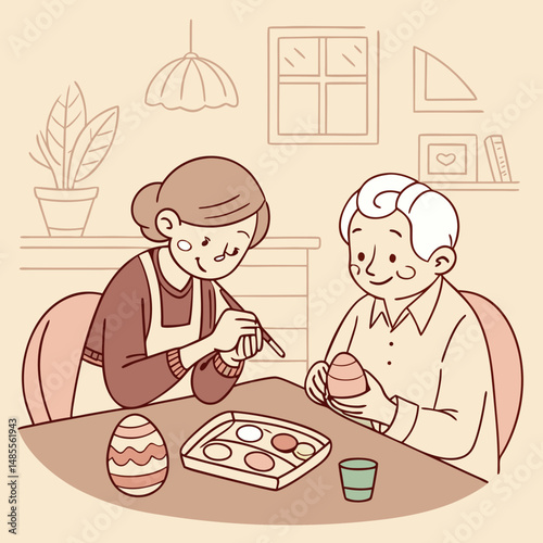Elderly couple holding hands while joyfully painting Easter eggs, capturing a nostalgic and heartwarming moment in this charming vector illustration.