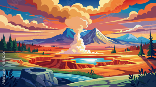 Yellowstone National Park
A steaming geyser erupting at the center, colorful hot springs nearby, with open meadows and distant mountains.