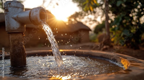 Clean water flows from a tap into a concrete basin, illuminated by sunlight. It can illustrate water conservation and access in rural communities.
