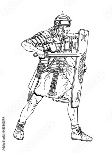 Roman legionary attacking with gladius. Historical drawing.