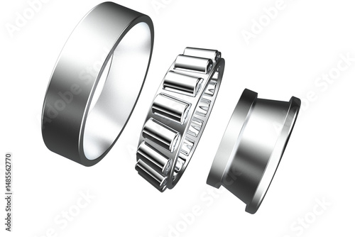 Exploded View Silver Tapered Roller Bearing Showing Inner Outer Races, and Rollers, Disassembled Taper Engineering or Educational Purposes, Separated Parts, Inner Ring, Outer Ring, Tapered Rollers PNG