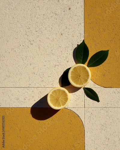 Lemon Slices on Geometric Background. Sunlit Citrus Still Life