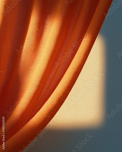Orange Draped Fabric Against Wall. Sunlit Abstract Still Life