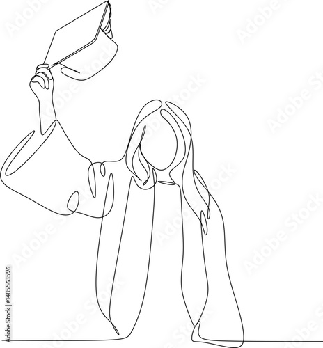 Linear abstract drawing of a female student. Silhouette of a girl in an academic hat. Ideal for decorating graduation photo shoots, invitations.
