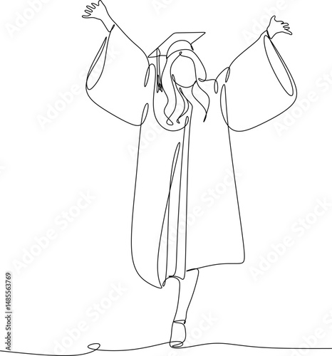 Linear abstract drawing of a female student. Silhouette of a girl in an academic hat. Ideal for decorating graduation photo shoots, invitations.