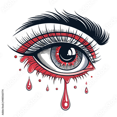 Create a detailed digital painting of a realistically rendered eye, profusely bleeding, adorned with multiple piercings and dramatic white eyeliner.  Focus on intense detail and high contrast.