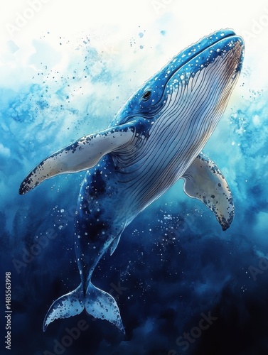 Majestic Blue Whale Swimming in Watercolor Ocean, Artistic Illustration