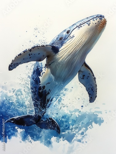 Watercolor Humpback Whale Breaching, Dramatic Ocean Art