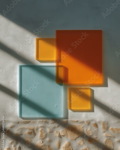 Colorful Glass Squares on Stone Wall. Abstract Sunlit Mosaic Art