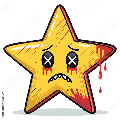 A distressed, bleeding star with X-shaped eyes, a sorrowful expression, rendered in vibrant yellow hues.  Create a visually striking, emotionally charged image.