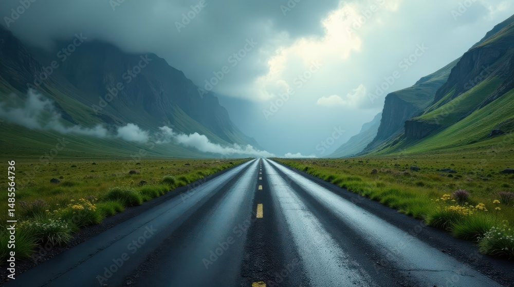 Naklejka premium A long, winding road disappearing into a misty valley between towering green mountains under a dramatic sky