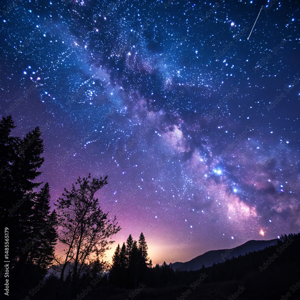 Fototapeta premium Majestic Milky Way Galaxy Over Silhouetted Trees at Night Astrophotography