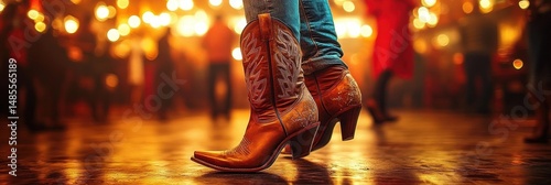 Close-up of person wearing brown embroidered cowboy boots and blue jeans dancing indoors with warm glowing lights and blurred people in background