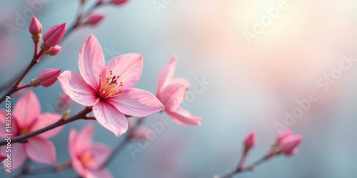 Delicate Pink Blossoms on a Branch in Soft Sunlight, a Symbol of Spring's Gentle Arrival