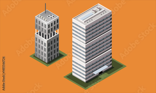 Illustration of a simple gray building with a red awning on a light green background