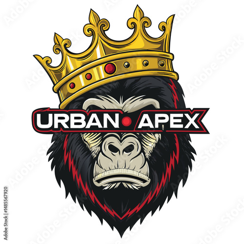 Design a bold streetwear logo featuring a powerful gorilla, majestically wearing a gold crown, embodying urban strength. photo