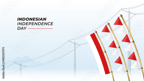 Indonesian Independence Day celebration vector with red and white flags on bamboo poles. Perfect for 17 August Indonesian national holiday theme.