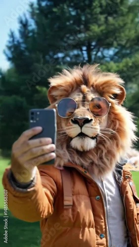 lion in the park with phone, vertical story video