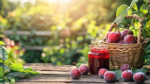 A rustic wooden table holds a jam jar and plums in a woven basket. Ideal for recipes, food blogs, or representing seasonal harvests.