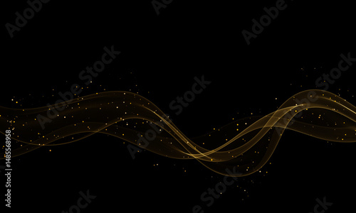 Elegant golden abstract wave on black background with glowing particles, smooth flowing lines.