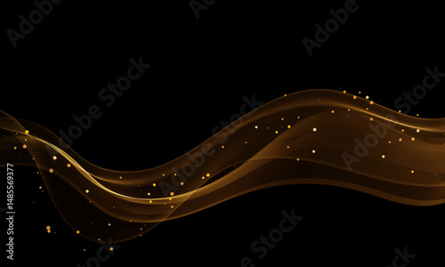 Golden abstract wave with glowing particles on black background, smooth elegant lines creating a sense of luxury and motion.