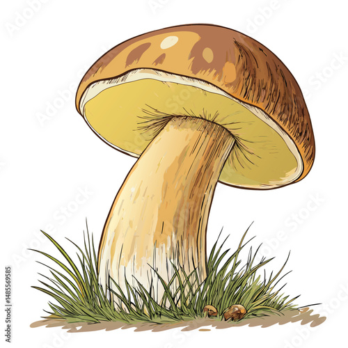 Close-up photograph of a large Boletus edulis mushroom exhibiting a broad, sponge-like pore surface.  Show details of the cap and stipe.