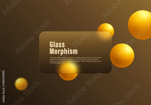 Glassmorphism panel with soft blur effect on brown background and floating golden spheres.