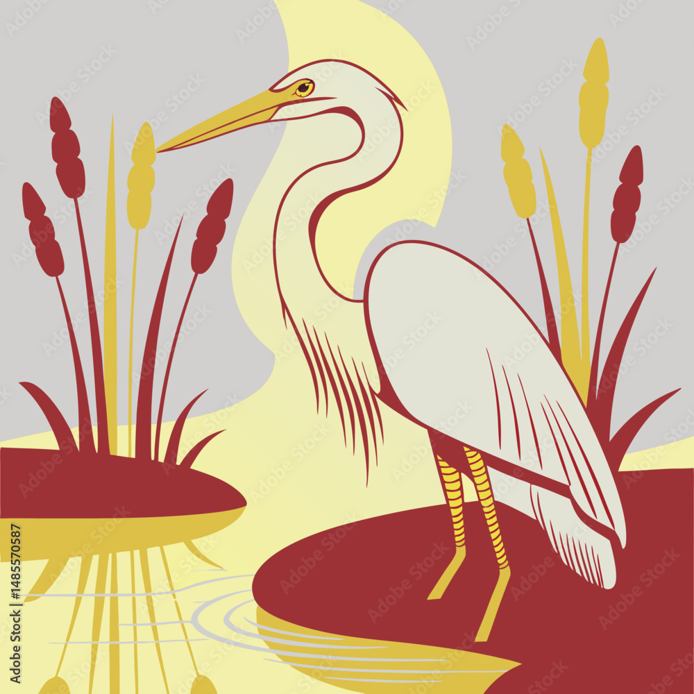 Fototapeta premium Elegant Great Egret wading in shallow water with a soft reflection, captured in a serene and detailed vector illustration.