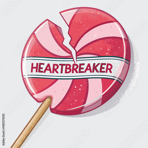 A close-up shot of a broken lollipop stick with the words "Heartbreaker" meticulously written on it, showcasing a distressed, sugary texture and vibrant colors.