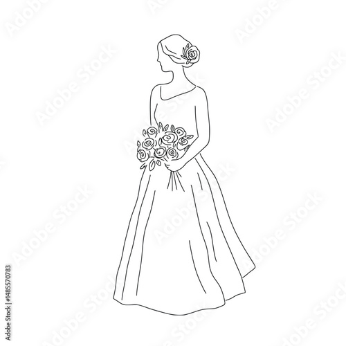 Bride vector illustration. Beautiful woman in wedding dress line art illustration. Wedding clipart on white background