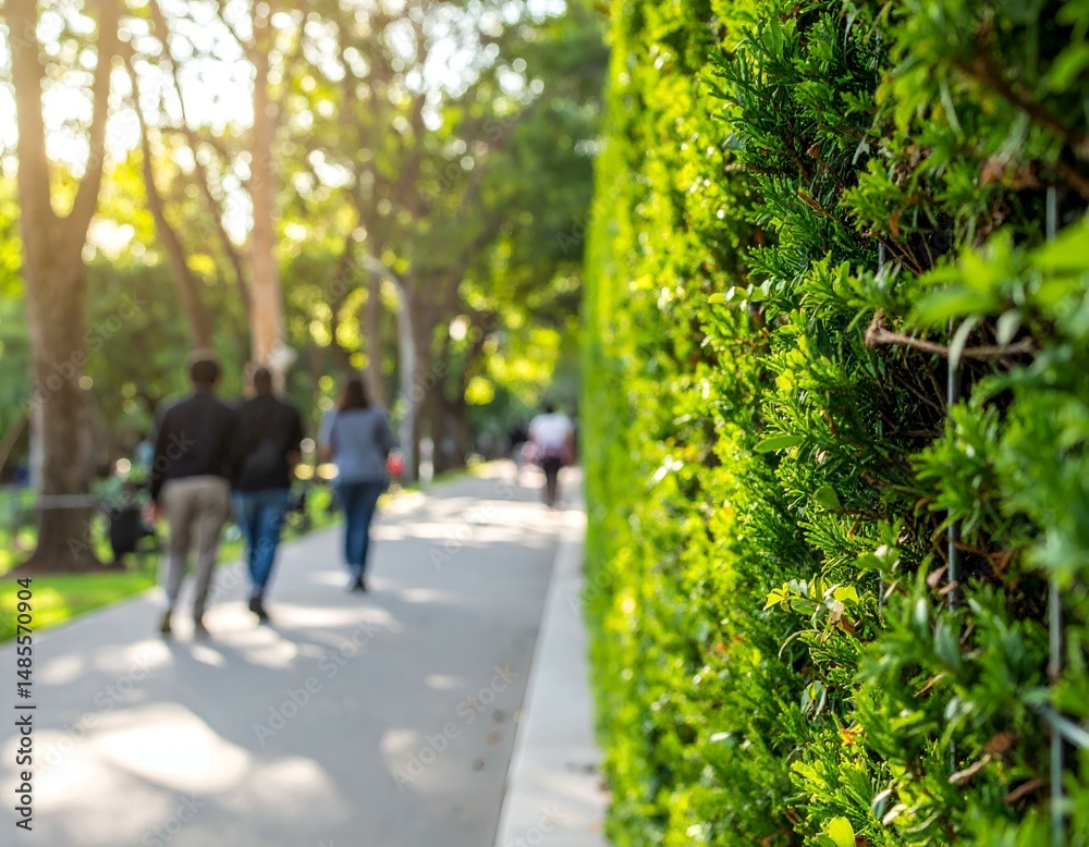 Fototapeta premium Lush green hedge beside a park path with blurred people walking. Tranquil summer scene.