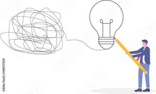 business skill solve complex obstacle concept, man draw lightbulb from messy knot.

