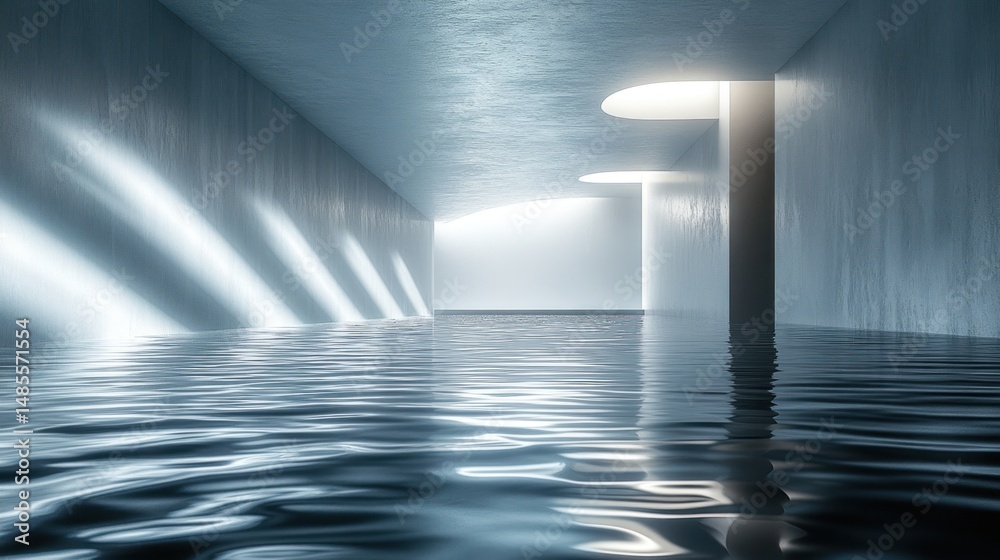 Obraz premium Futuristic concrete tunnel flooded with water. Possible stock photo use