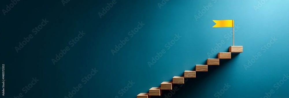 Wooden blocks stairs leading to a yellow flag symbolize success achievement progress and growth on teal background