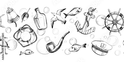 Steering wheel, lifebuoy, sea gulls, captain s cap, fish, water bladders, anchor, bottle of rum, tobacco pipe, ship s bell. Watercolor hand-drawn illustration. Seamless border on a white background