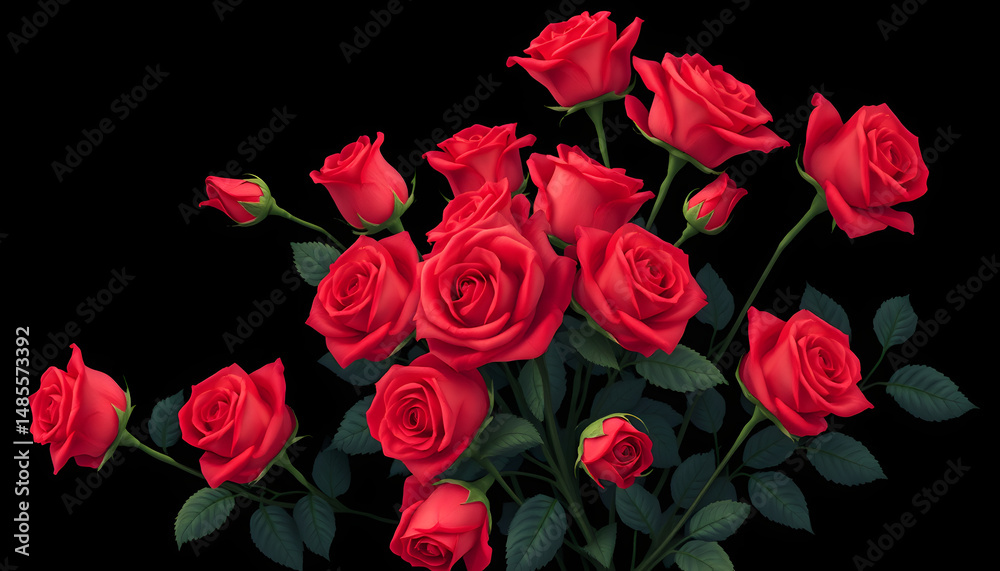 Obraz premium A stunning bouquet of a million vibrant crimson roses elegantly isolated against a sleek black backdrop. Romantic greeting card adorned with lush, velvety roses., pixel art. with white shades