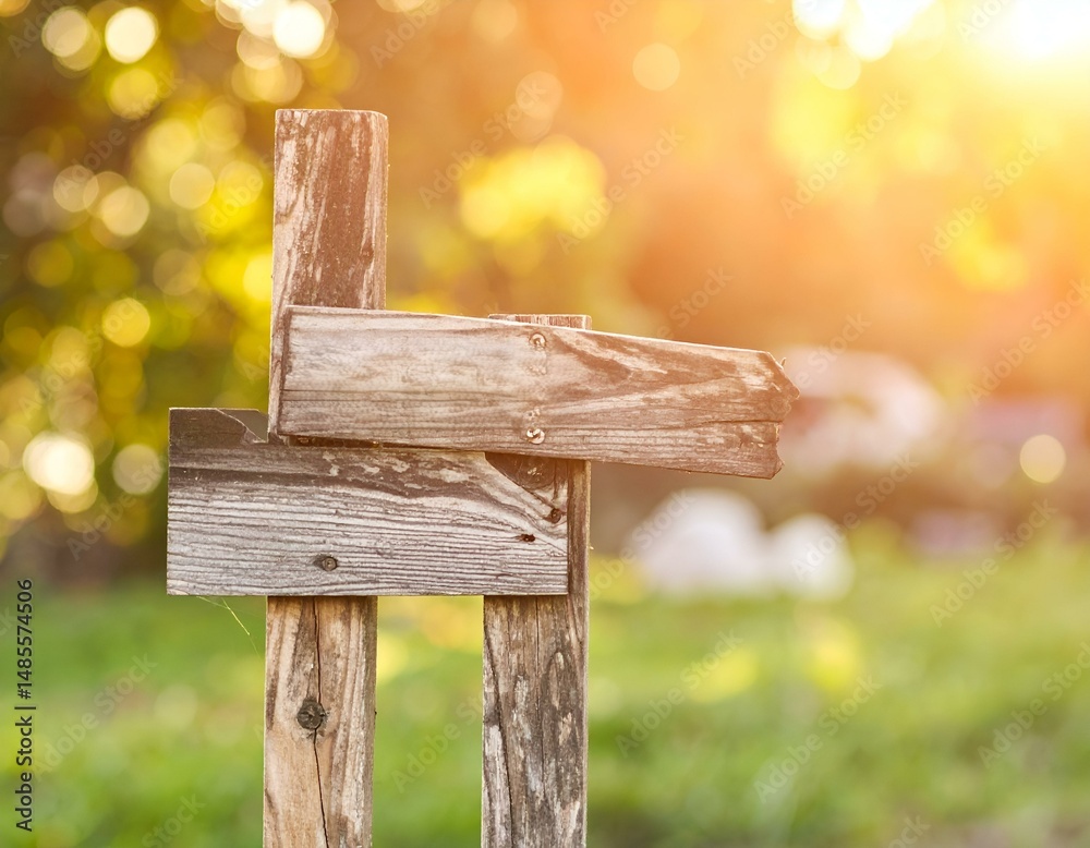 Fototapeta premium Rustic wooden signpost in a sunlit field. Perfect for travel, nature, or direction concepts.