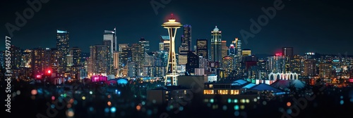 Wallpaper Mural Nighttime city skyline with illuminated tall buildings and iconic tower glowing against dark sky, showing vibrant urban lights and modern architecture Torontodigital.ca