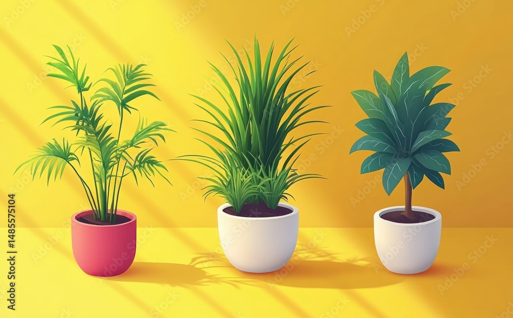 Fototapeta premium Three potted green plants with distinct leafy shapes casting shadows on a bright yellow background, evoking a fresh and vibrant indoor atmosphere