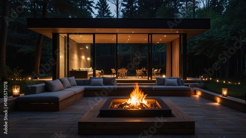 Modern outdoor living space at night, illuminated by a fire pit.