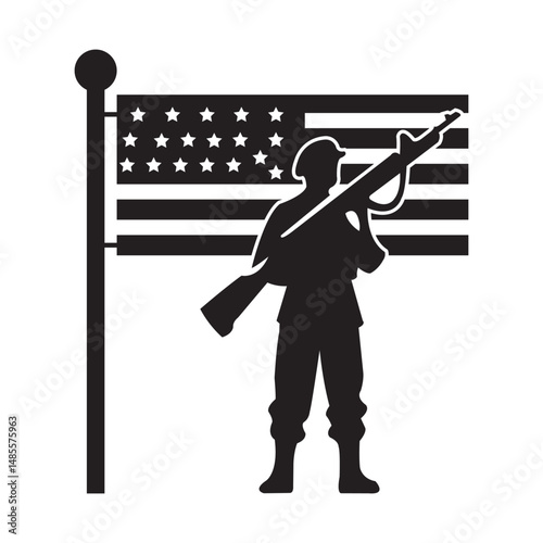 Soldiers silhouette saluting the USA flag for memorial day. Poster or banners illustration or army soldier silhouette vector with weapons.