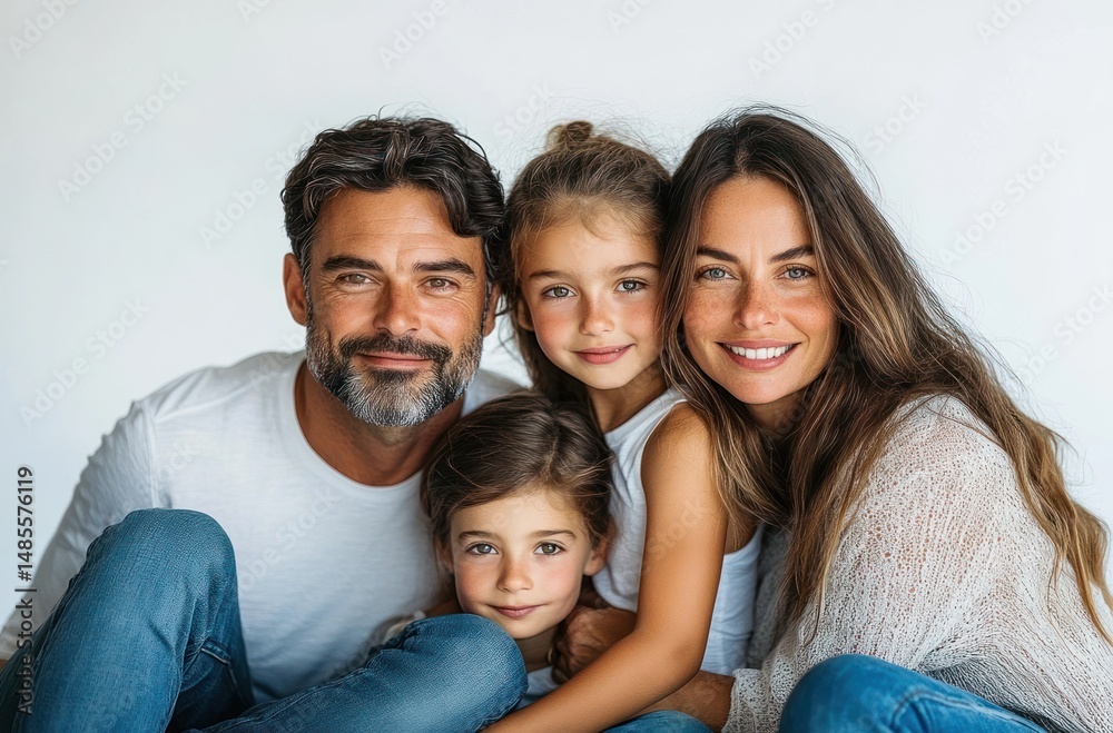 Happy family of four posing closely together smiling warmly with two young children and parents in casual clothing against a plain background Happy family of four posing closely together smiling warmly with two young children and parents in casual clothing against a plain background