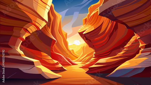 Antelope Canyon
Flowing, wave-shaped canyon walls in warm tones of orange and red, with sunlight beaming through a narrow crack above.