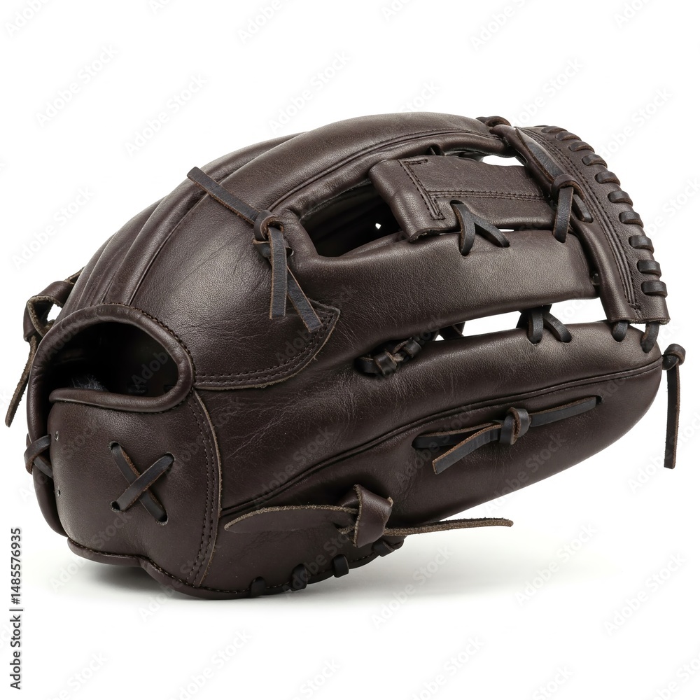 Fototapeta premium A close-up of a dark brown leather glove with shiny stitching and soft folds, illuminated perfectly.