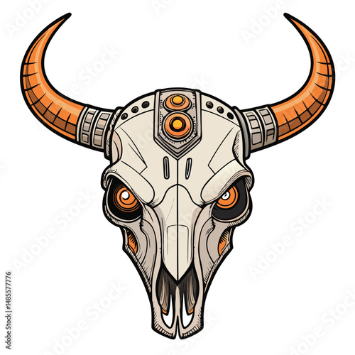 A weathered bull skull, its horns replaced with intricate clockwork mechanisms, features graffiti-style eyes.  Steampunk, skull, bovine, mechanical, art.